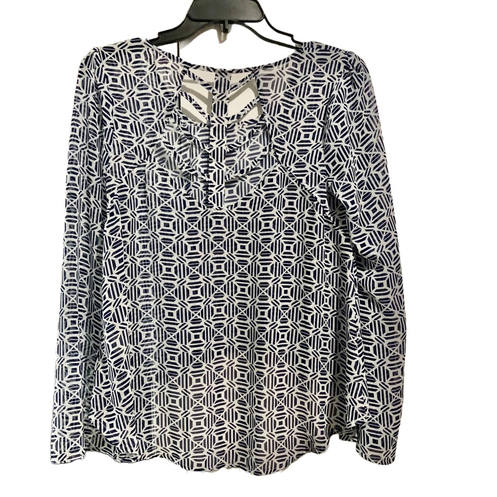 Blu Pepper Sheer Blue/White Geometric Blouse High/Low Hem Bell Sleeves  S - Picture 2 of 6